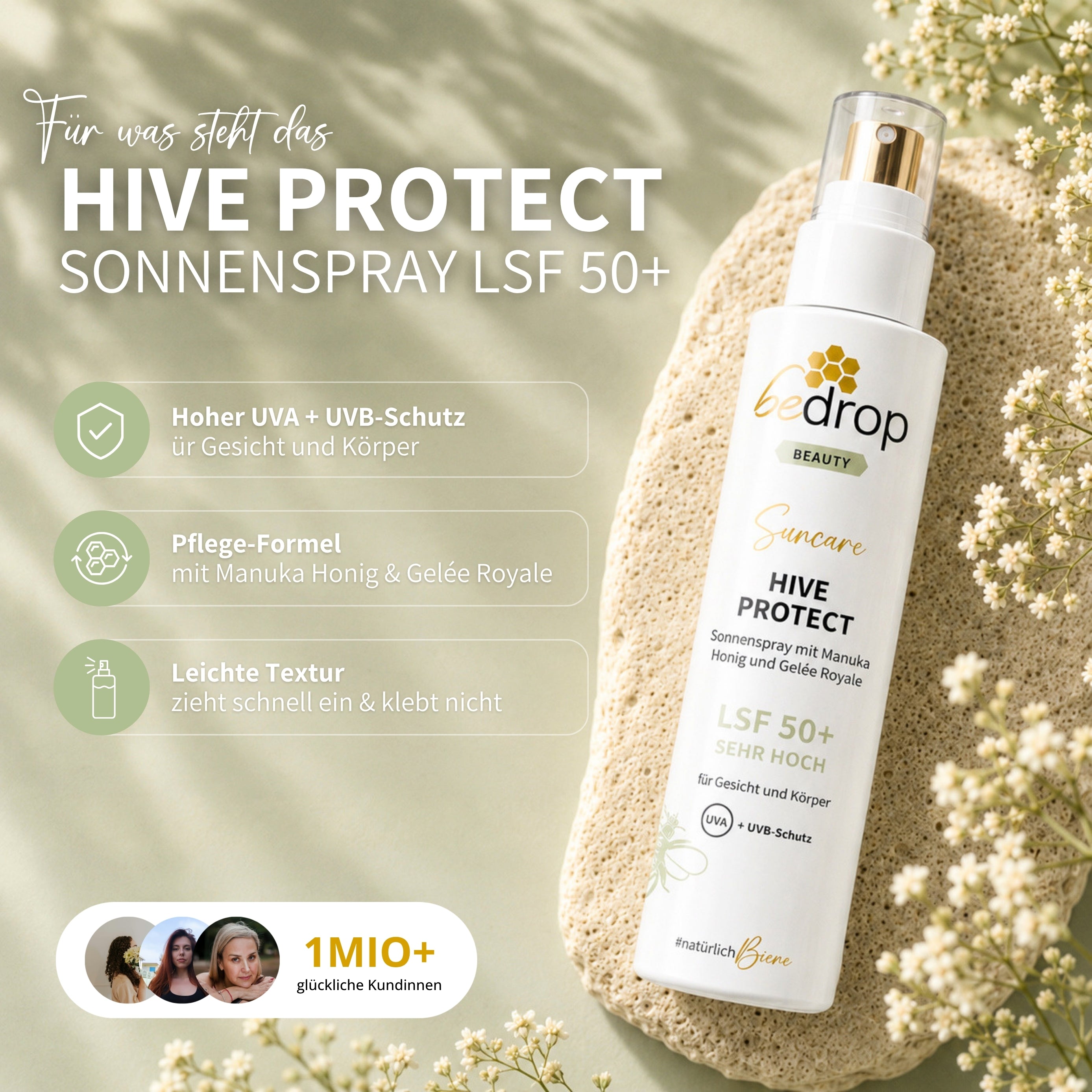 HIVE PROTECT LSF 50+ Sonnenspray mit Manuka Honig und Gelée Royale, Sonnenschutz für Gesicht & Körper - 200 ml