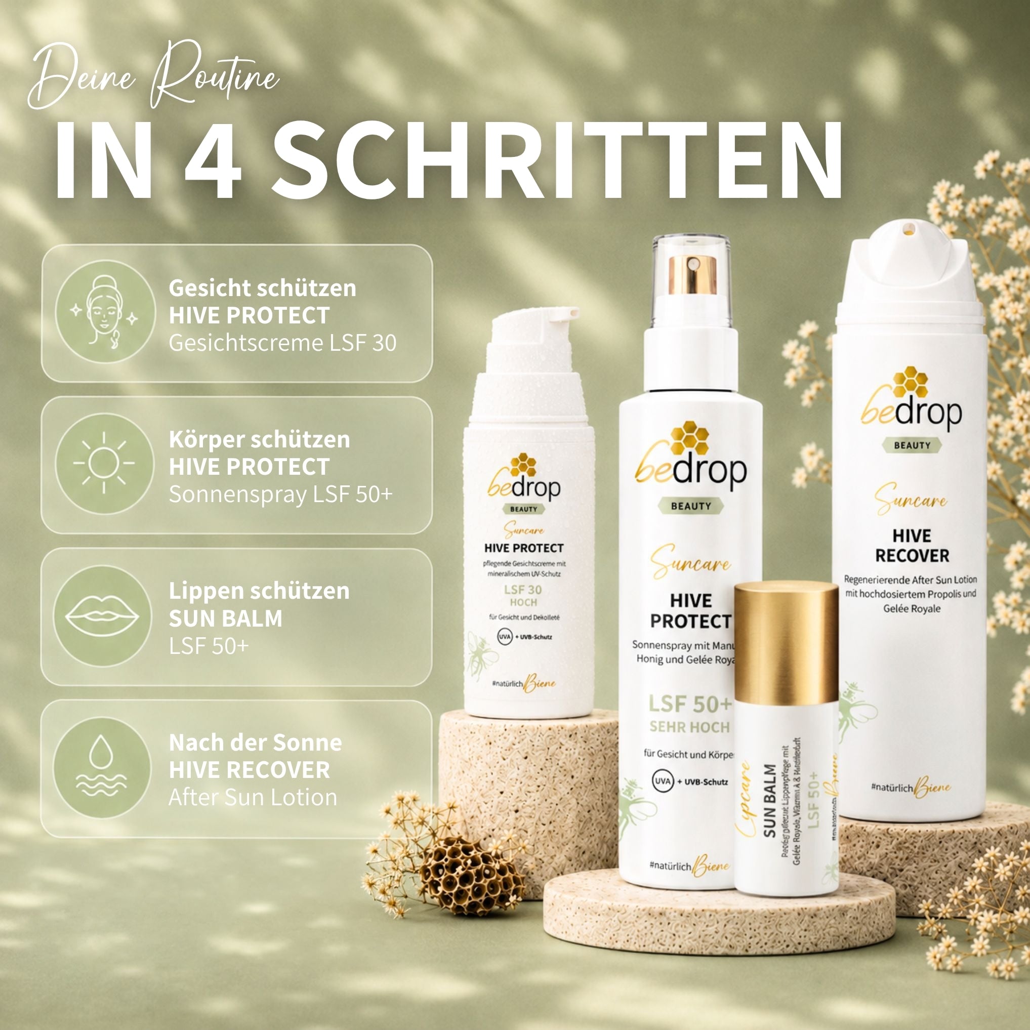 Sun Care Set: Sun Balm Lippenpflege, Hive Protect Gesichtscreme/Sonnencreme + Sonnenspray & After-Sun, LSF 30 & LSF 50+