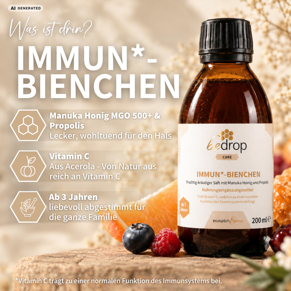 Vorteilsset: 3x IMMUN*-BIENCHEN - Fruchtig-kräutriger Saft mit Manuka Honig und Vitamin C aus Acerola / 200ml