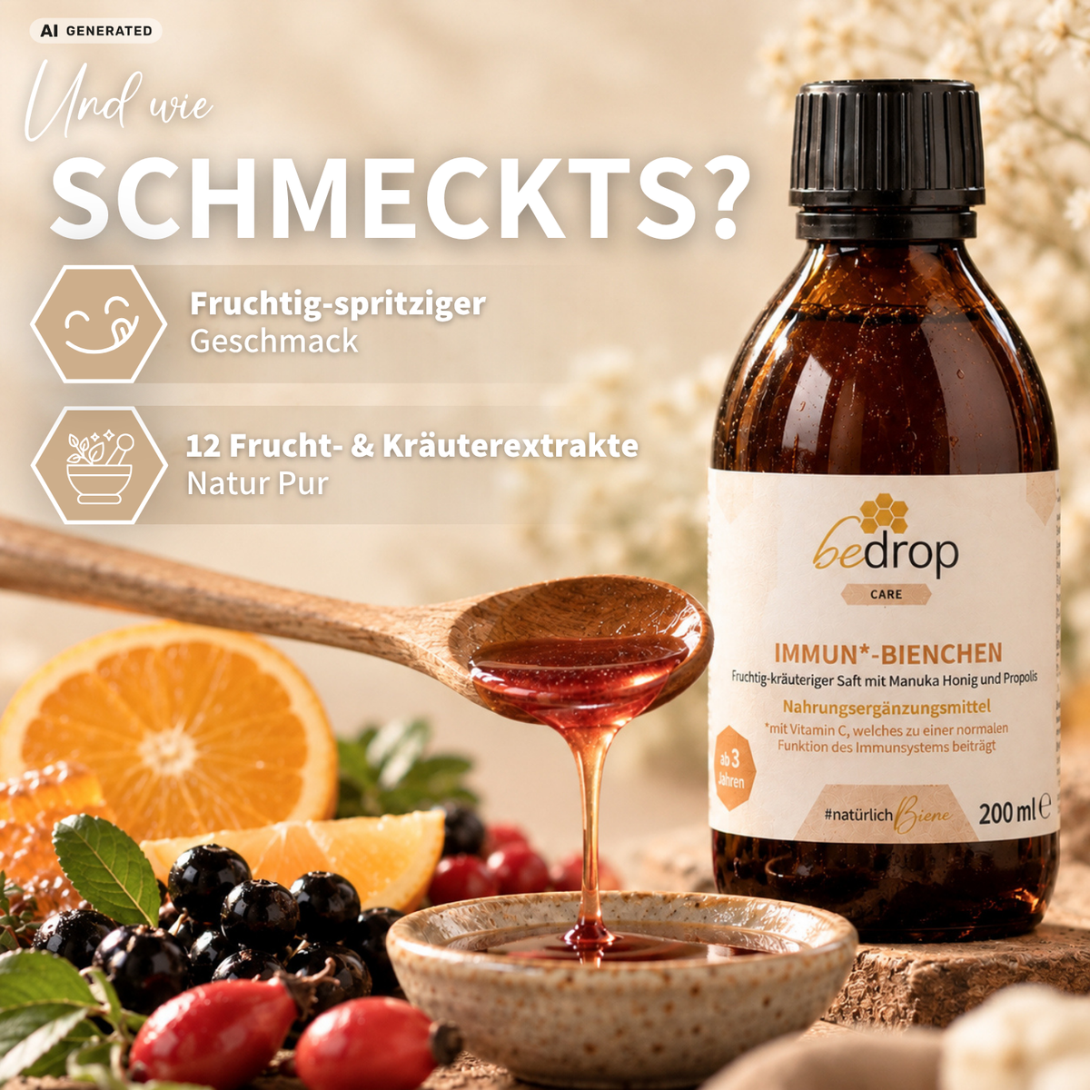 Vorteilsset: 3x IMMUN*-BIENCHEN - Fruchtig-kräutriger Saft mit Manuka Honig und Vitamin C aus Acerola / 200ml