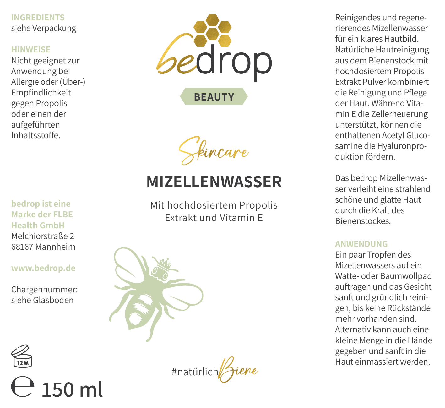 MIZELLENWASSER / TONIKUM mit hochwertigem Propolis Extrakt - 150ml