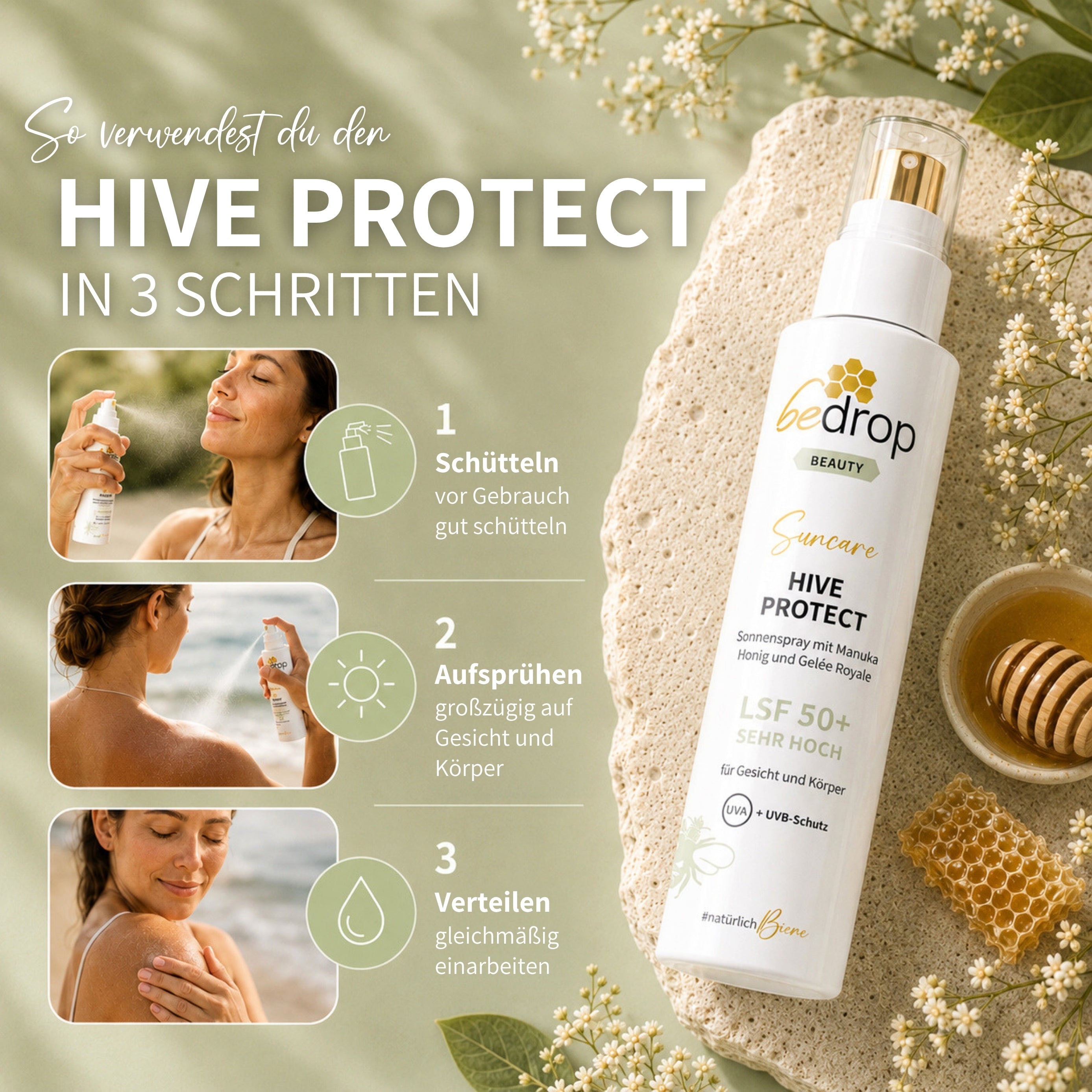 HIVE PROTECT LSF 50+ Sonnenspray mit Manuka Honig und Gelée Royale, Sonnenschutz für Gesicht &amp; Körper - 200 ml