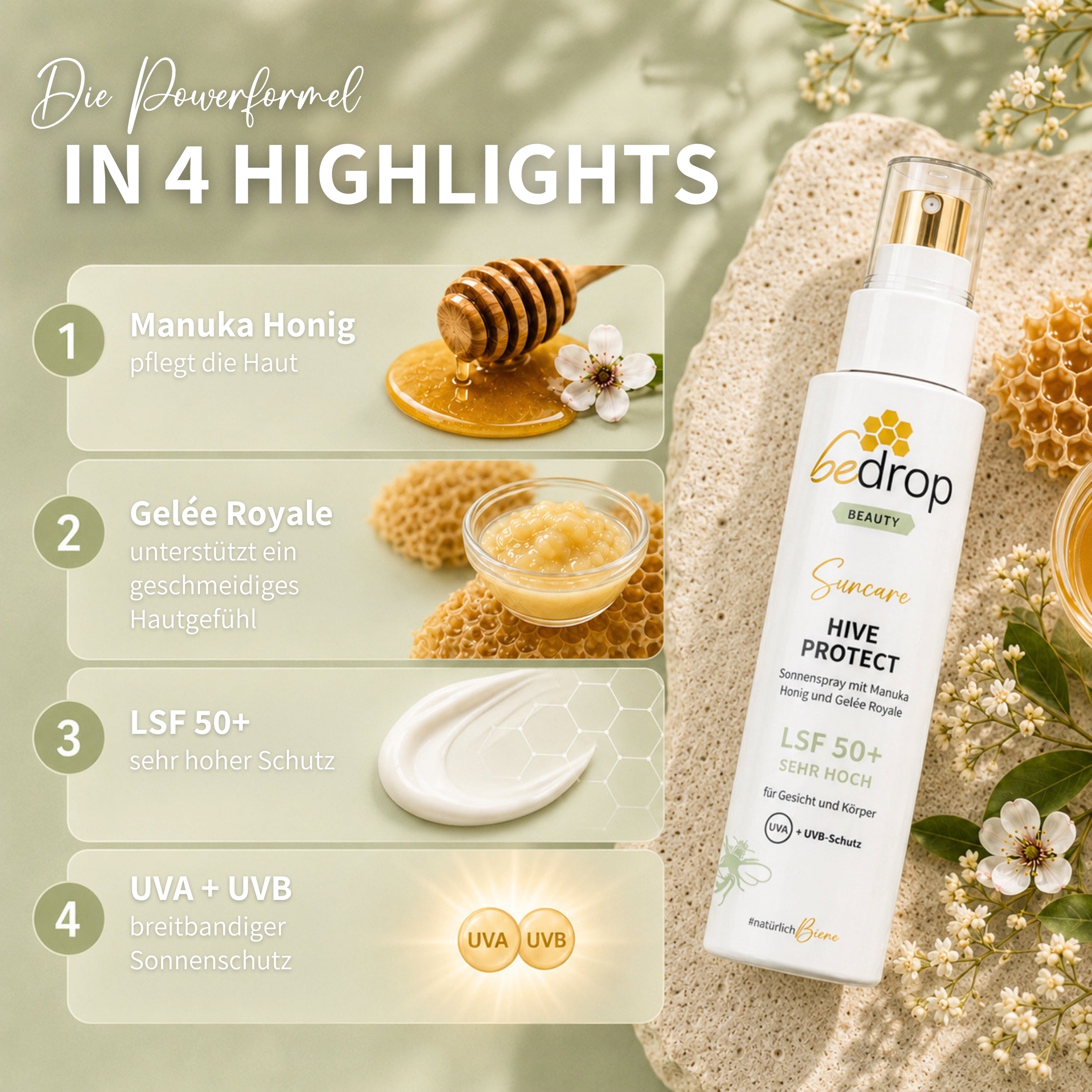 HIVE PROTECT LSF 50+ Sonnenspray mit Manuka Honig und Gelée Royale, Sonnenschutz für Gesicht &amp; Körper - 200 ml