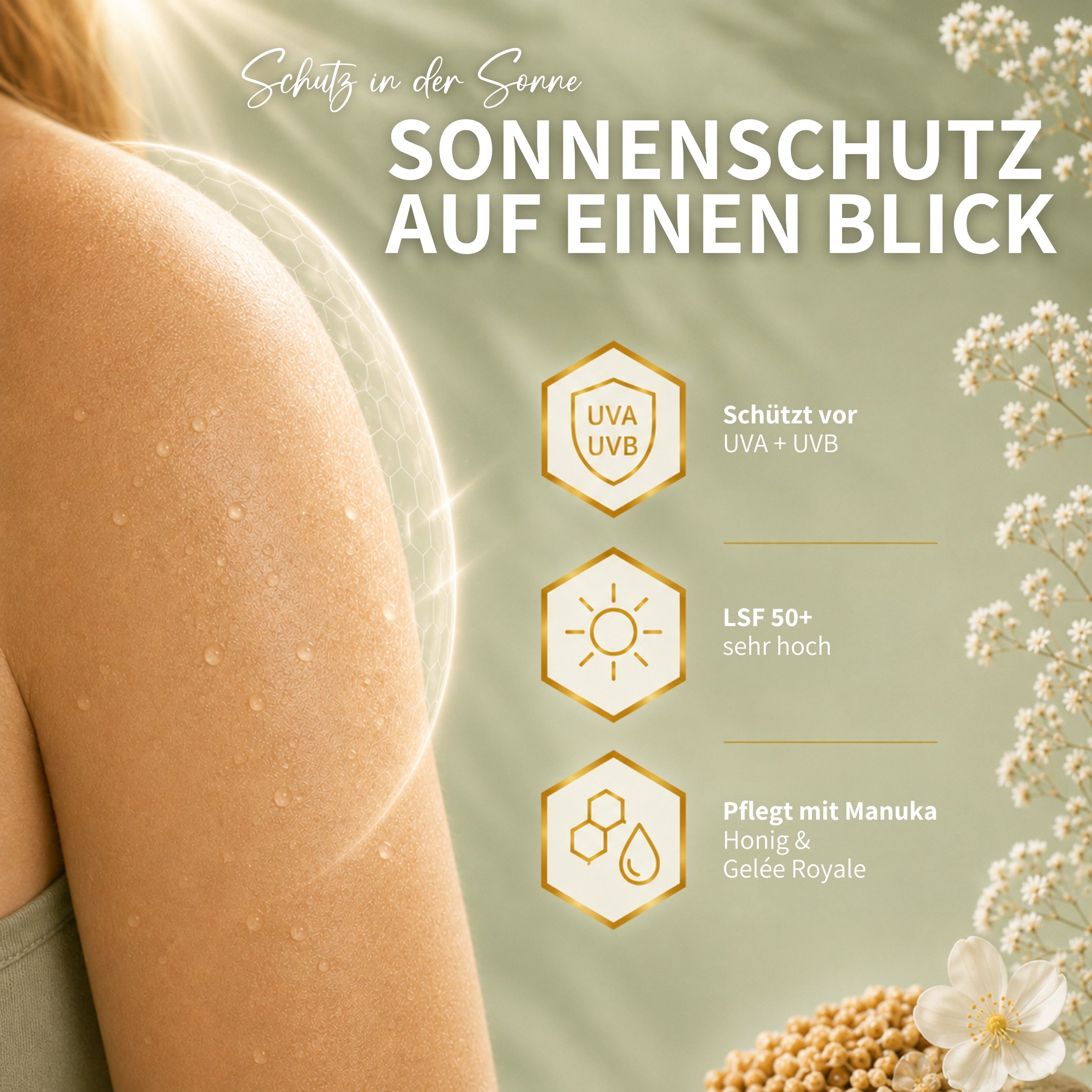 HIVE PROTECT LSF 50+ Sonnenspray mit Manuka Honig und Gelée Royale, Sonnenschutz für Gesicht &amp; Körper - 200 ml