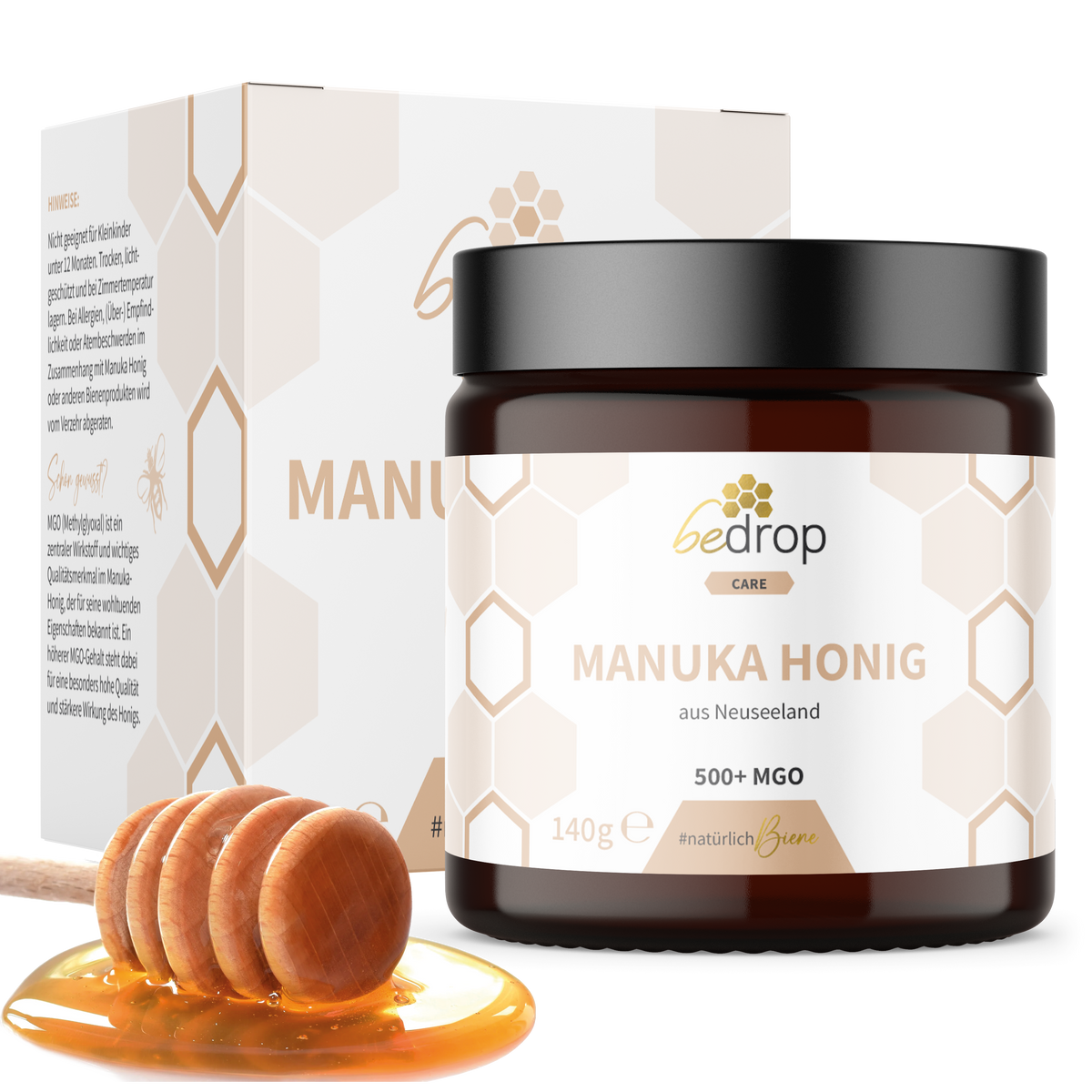 bedrop Honig Manuka Honig I XXL Glas mit MGO +500 aus Neuseeland, 1 x 140 g, (Packung, Original 100% natürlich - Echter Manuka Honig mit MGO Gehalt +500), MGO Gehalt über +500