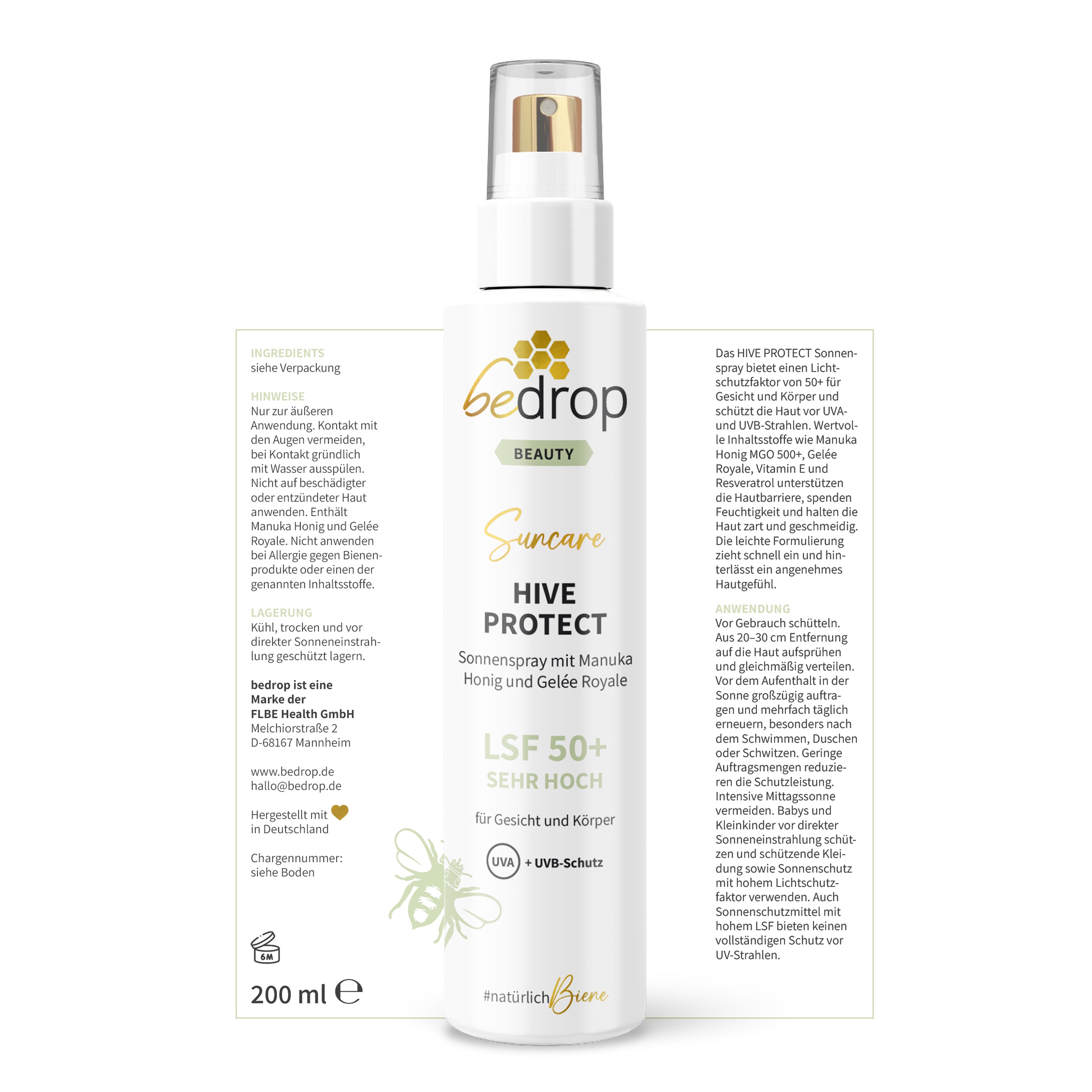 HIVE PROTECT LSF 50+ Sonnenspray mit Manuka Honig und Gelée Royale, Sonnenschutz für Gesicht &amp; Körper - 200 ml