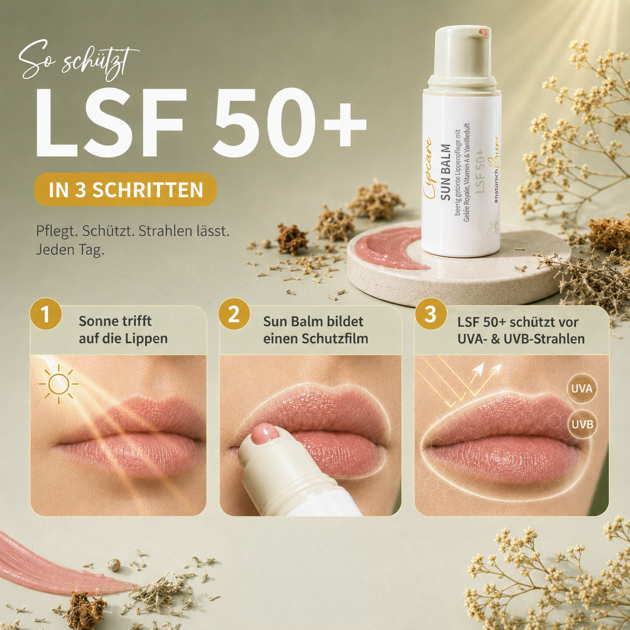 Vorteilsset: 3x Sun Balm LSF 50+ - getönter Lippenpflegebalsam mit Gelée Royale & zartem Vanilleduft